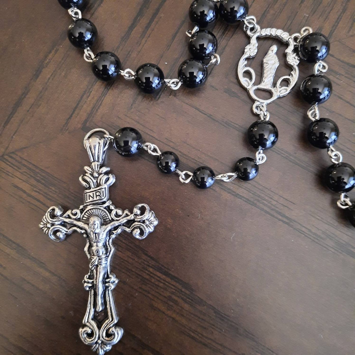 Onyx Gem Rosary With Large Metal Cross