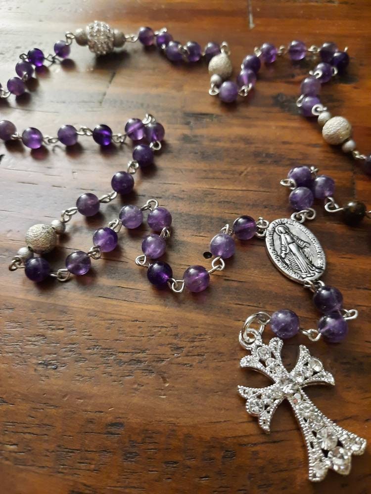 Amethyst Rosary: Gemstone Beads, Rhinestone Cross