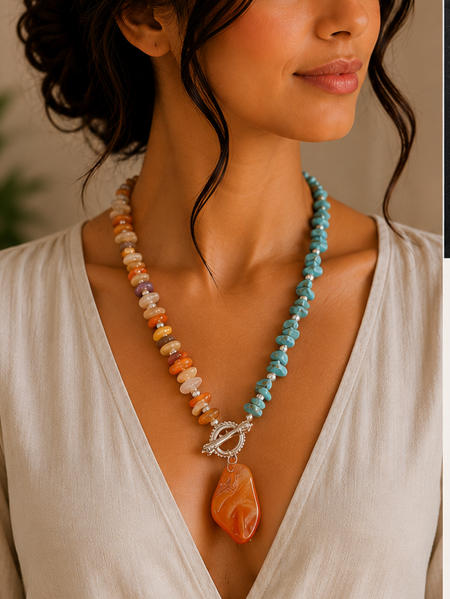 One-of-a-Kind Mixed Gemstone & Turquoise Necklace with Carnelian Pendant