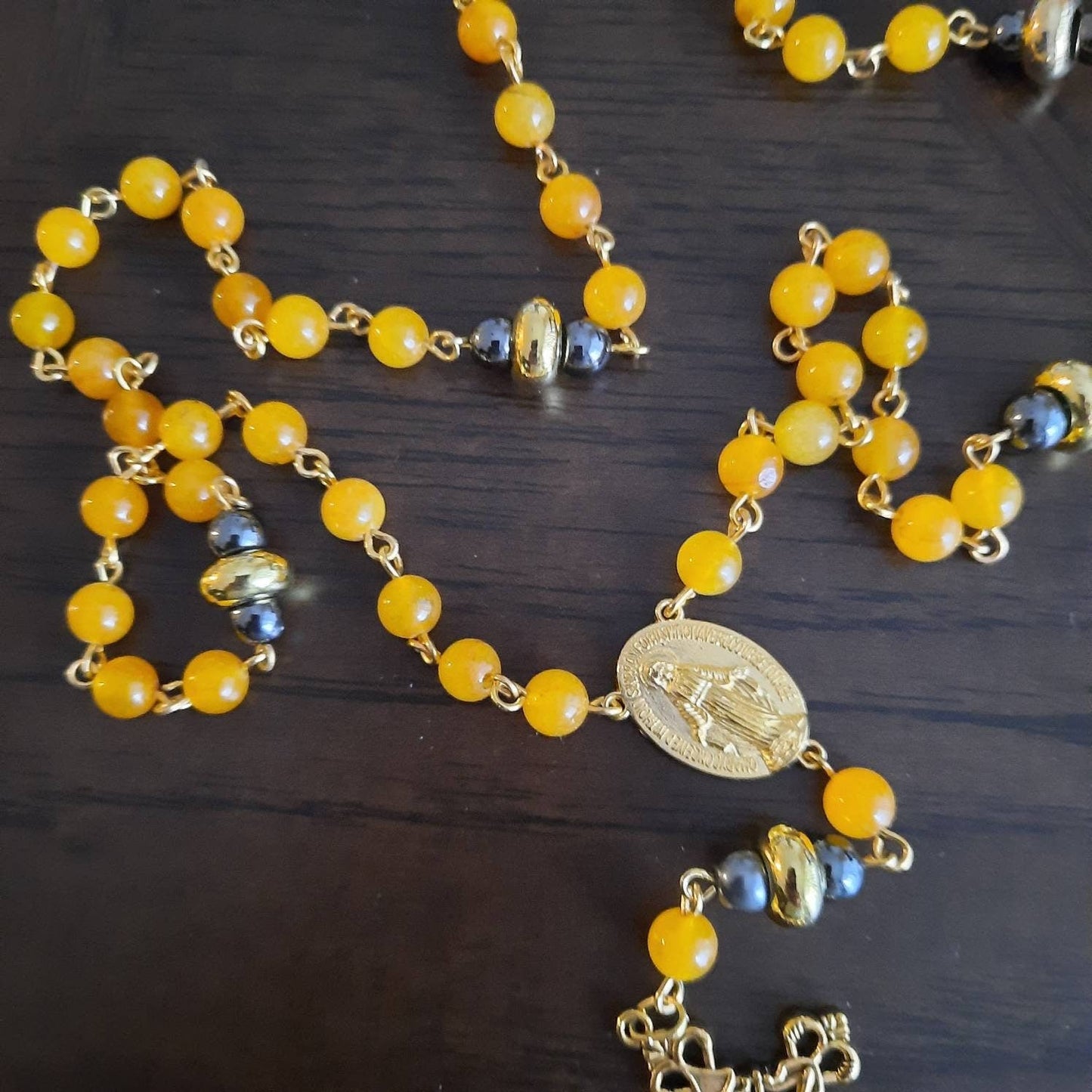 Yellow Jade Rosary Necklace with Gold Cross