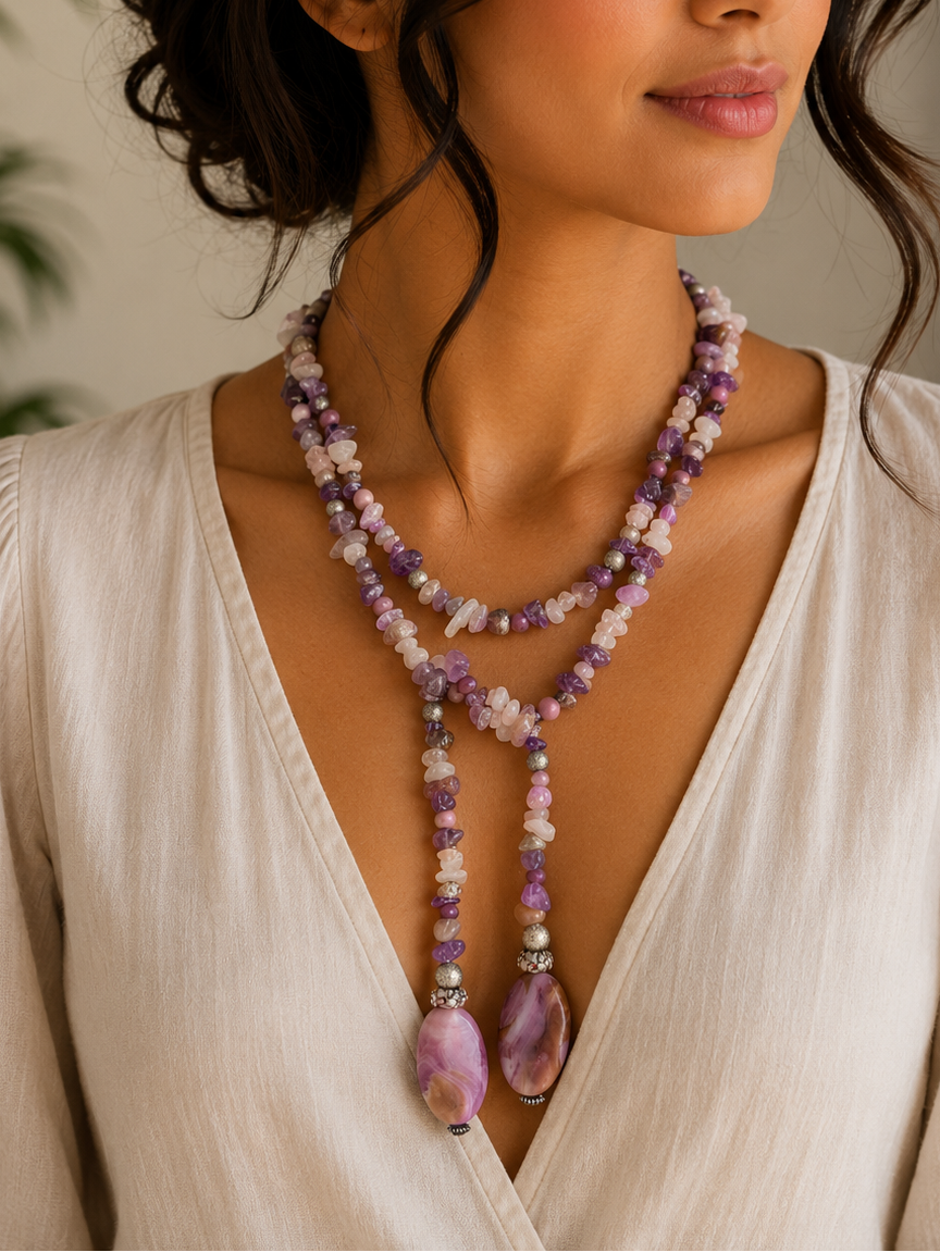 Amethyst & Quartz Statement Necklace with Agate Pendants