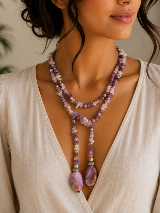Amethyst & Quartz Statement Necklace with Agate Pendants