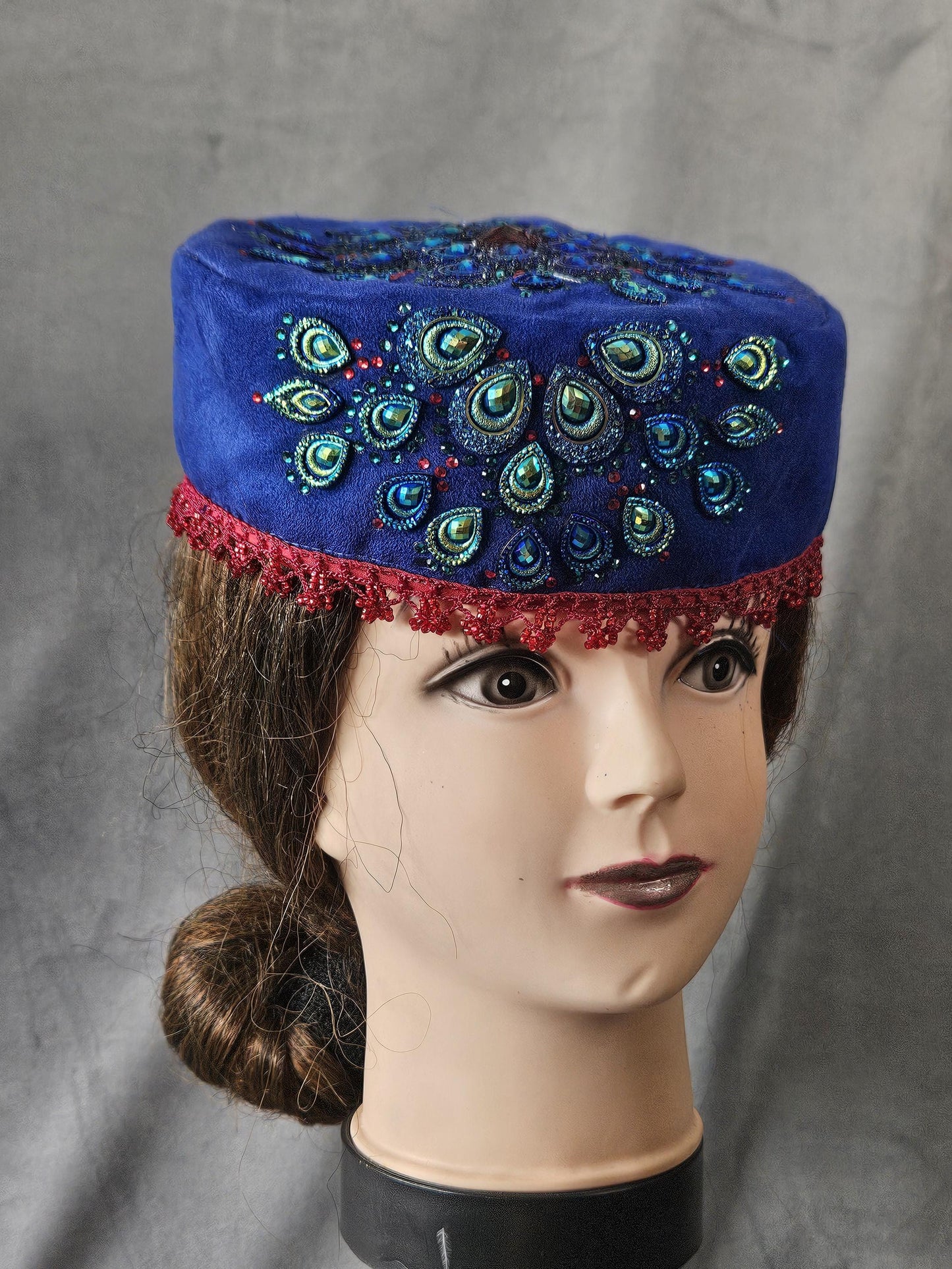 Rhinestone Peacock Feather Velvet Hat - Handmade