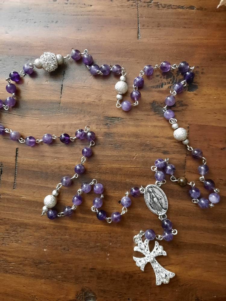 Amethyst Rosary: Gemstone Beads, Rhinestone Cross