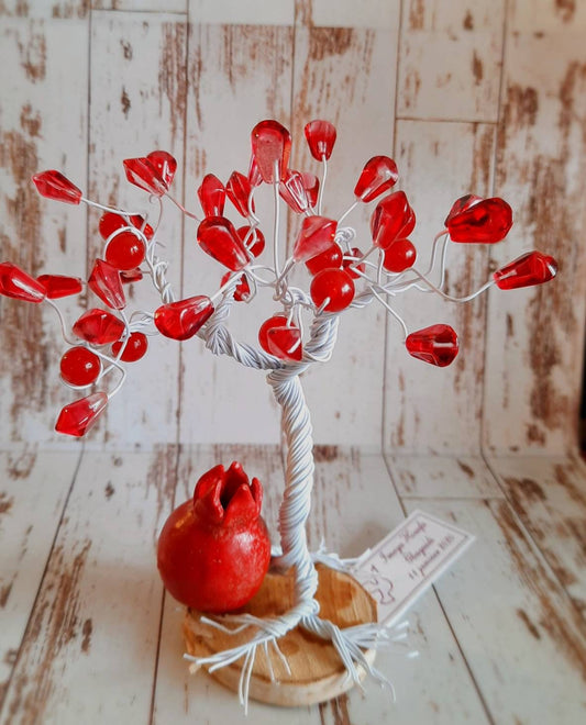 Pomegranate Tree of Life Sculpture – Handmade Beaded Decor