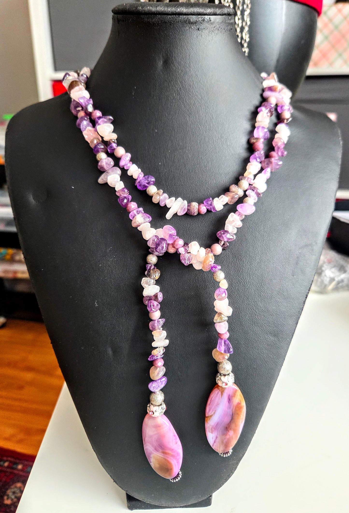 Amethyst & Quartz Statement Necklace with Agate Pendants