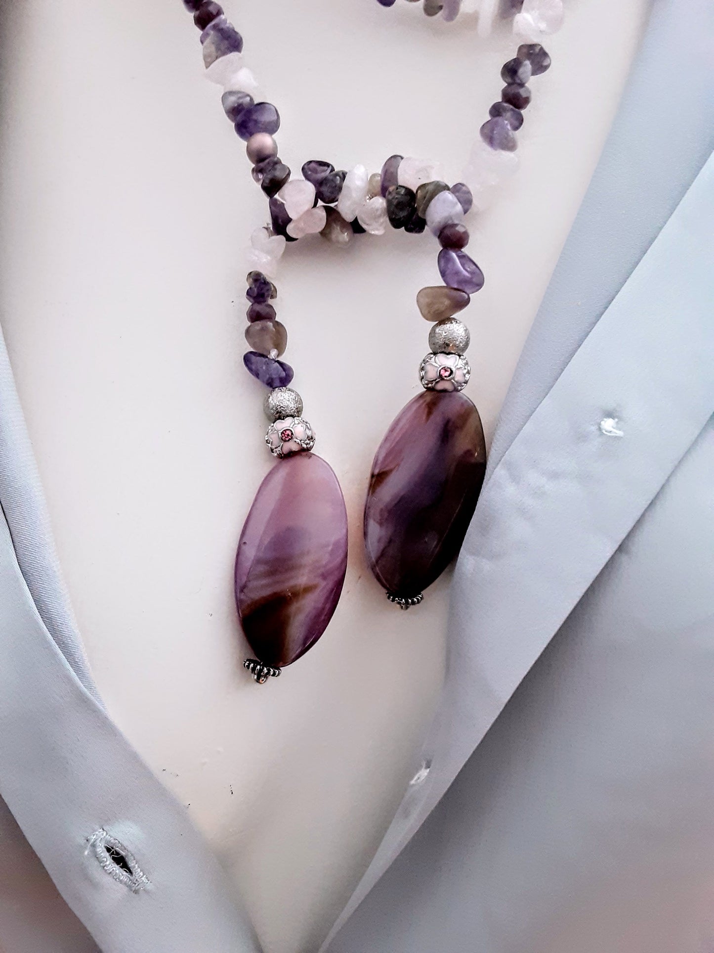 Amethyst & Quartz Statement Necklace with Agate Pendants