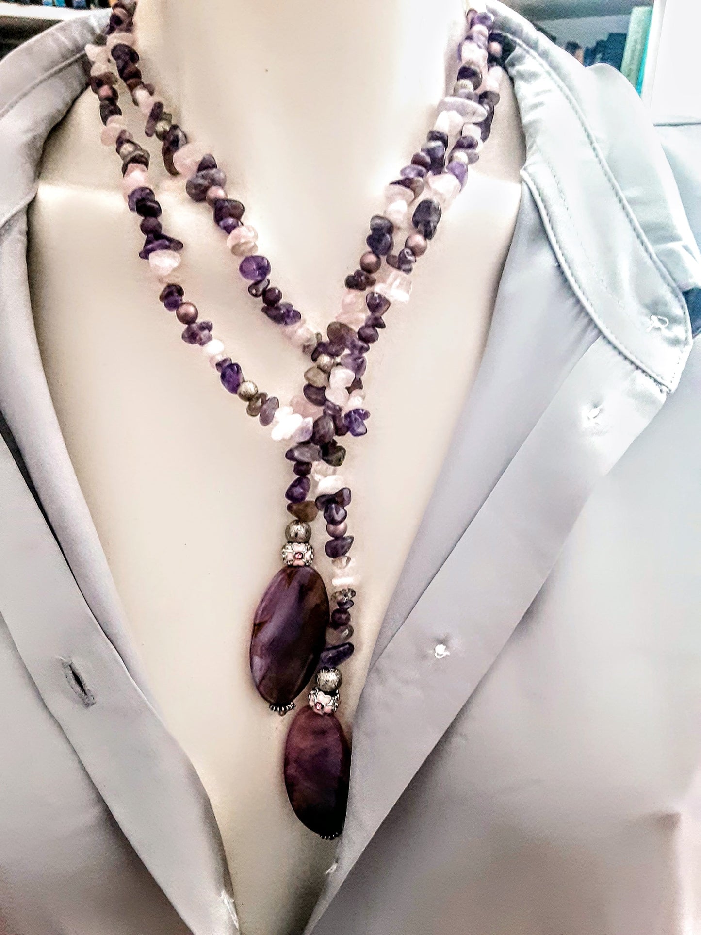 Amethyst & Quartz Statement Necklace with Agate Pendants