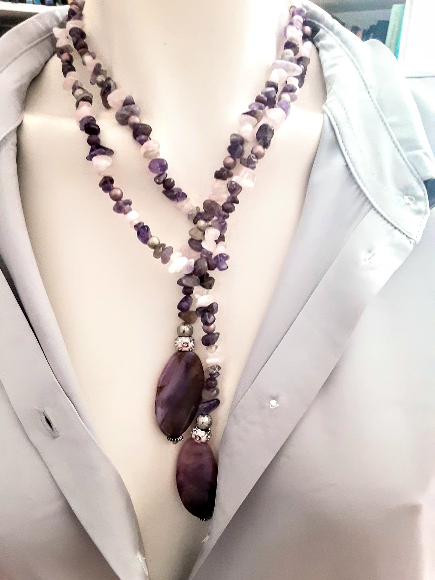 Amethyst & Quartz Statement Necklace with Agate Pendants