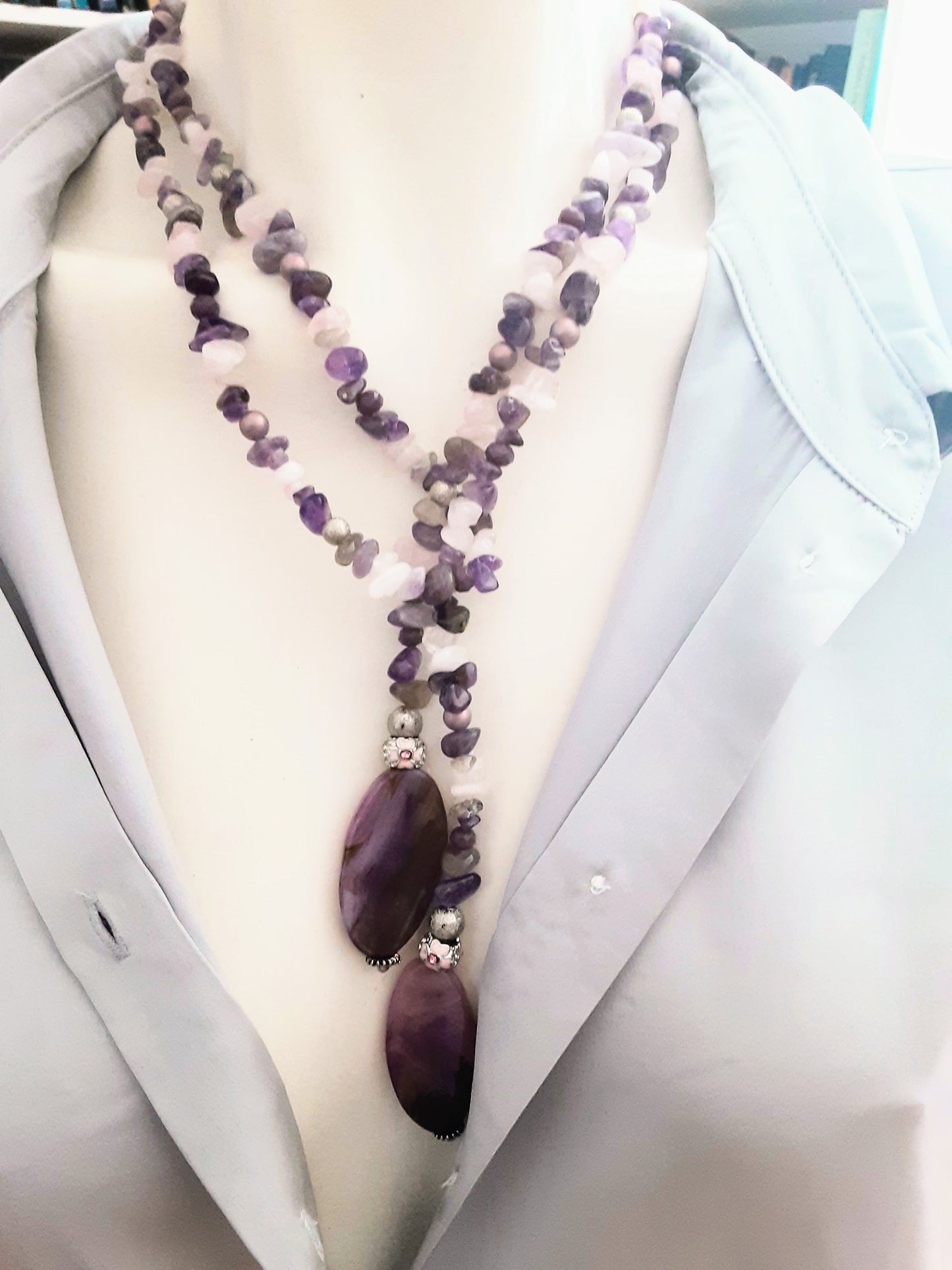Amethyst & Quartz Statement Necklace with Agate Pendants