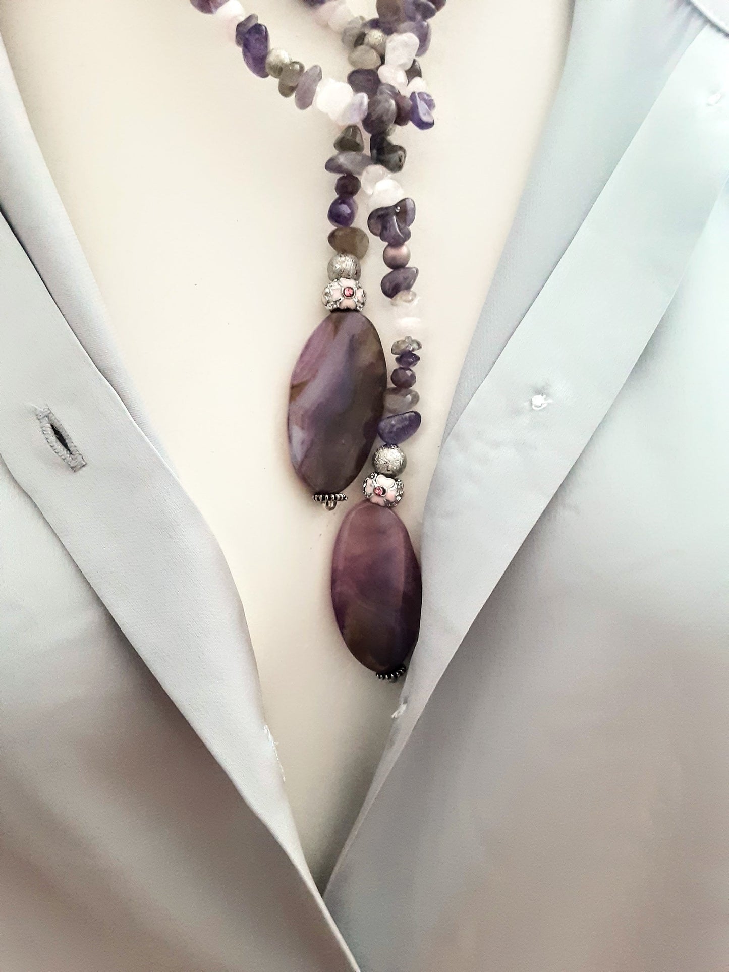 Amethyst & Quartz Statement Necklace with Agate Pendants