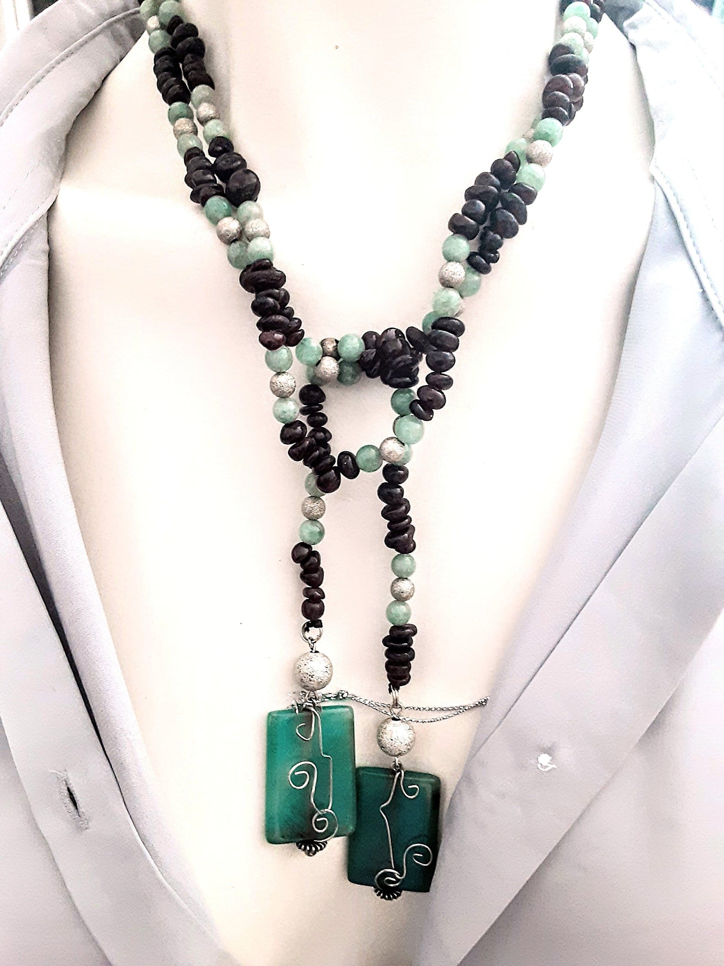Garnet & Jade Statement Necklace with Agate Pendants