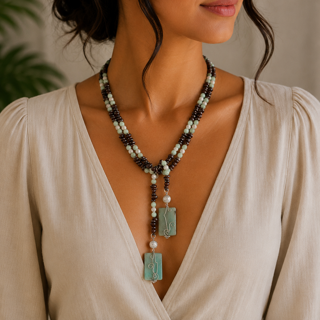 Garnet & Jade Statement Necklace with Agate Pendants