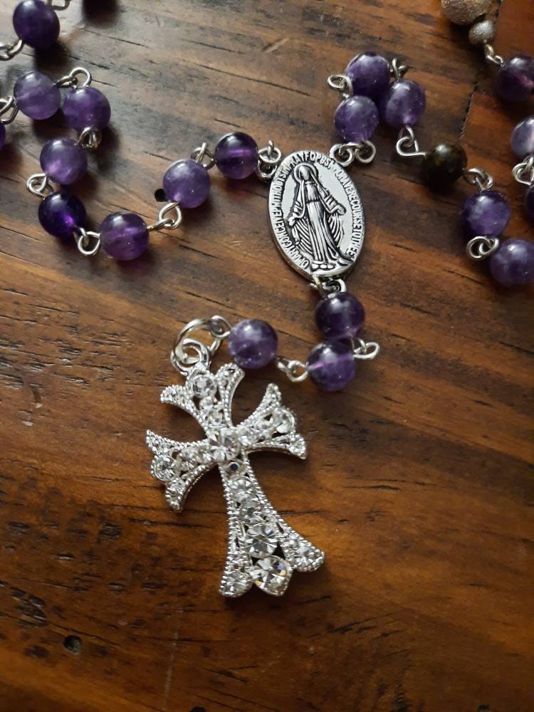 Amethyst Rosary: Gemstone Beads, Rhinestone Cross