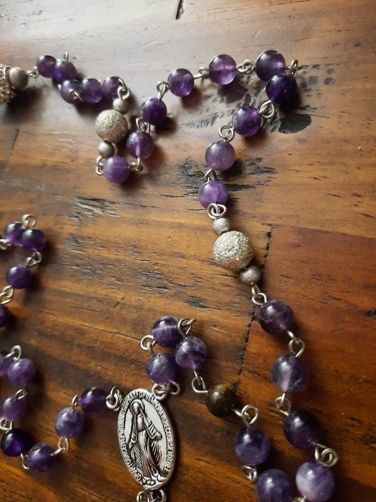 Amethyst Rosary: Gemstone Beads, Rhinestone Cross