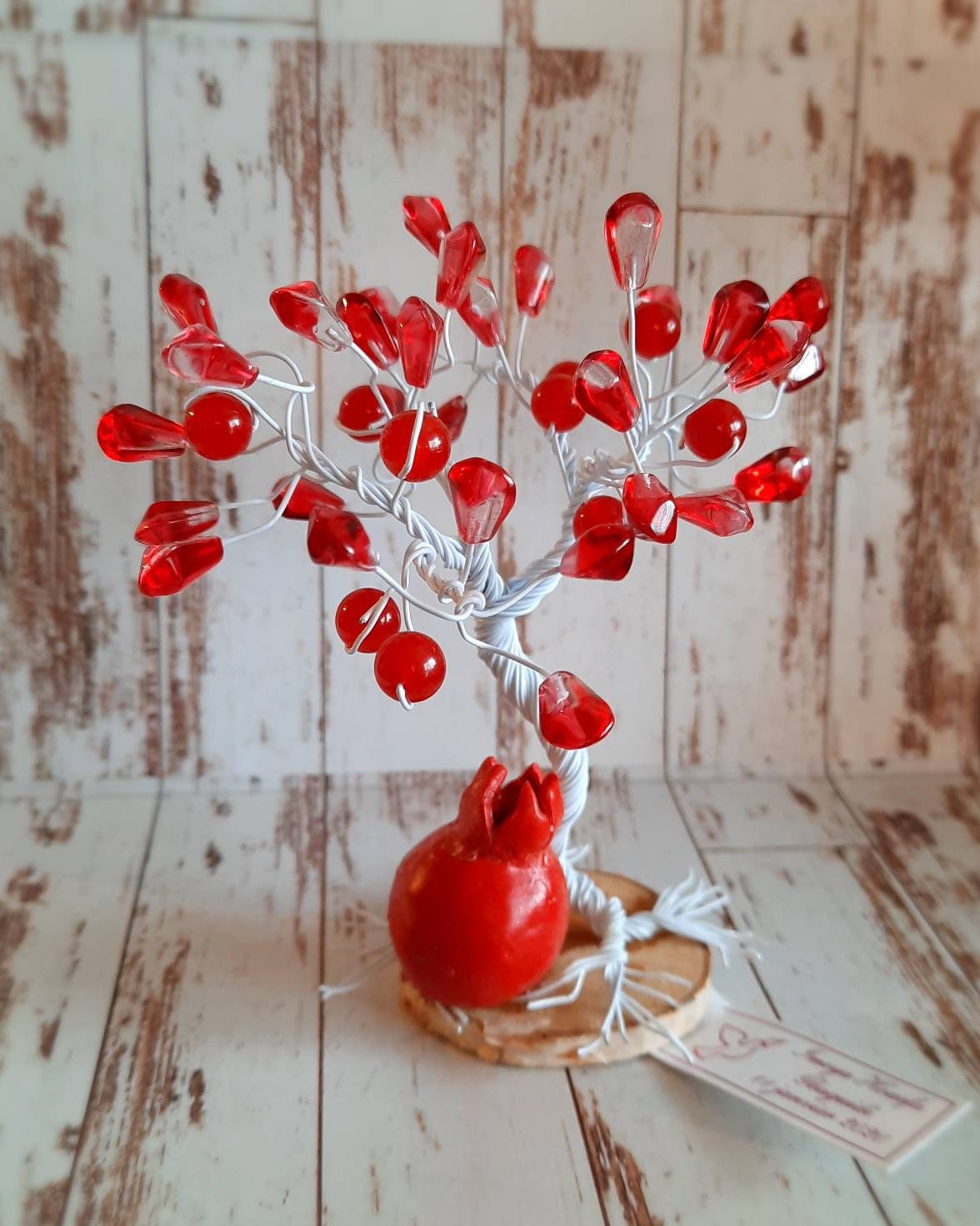 Pomegranate Tree of Life Sculpture – Handmade Beaded Decor
