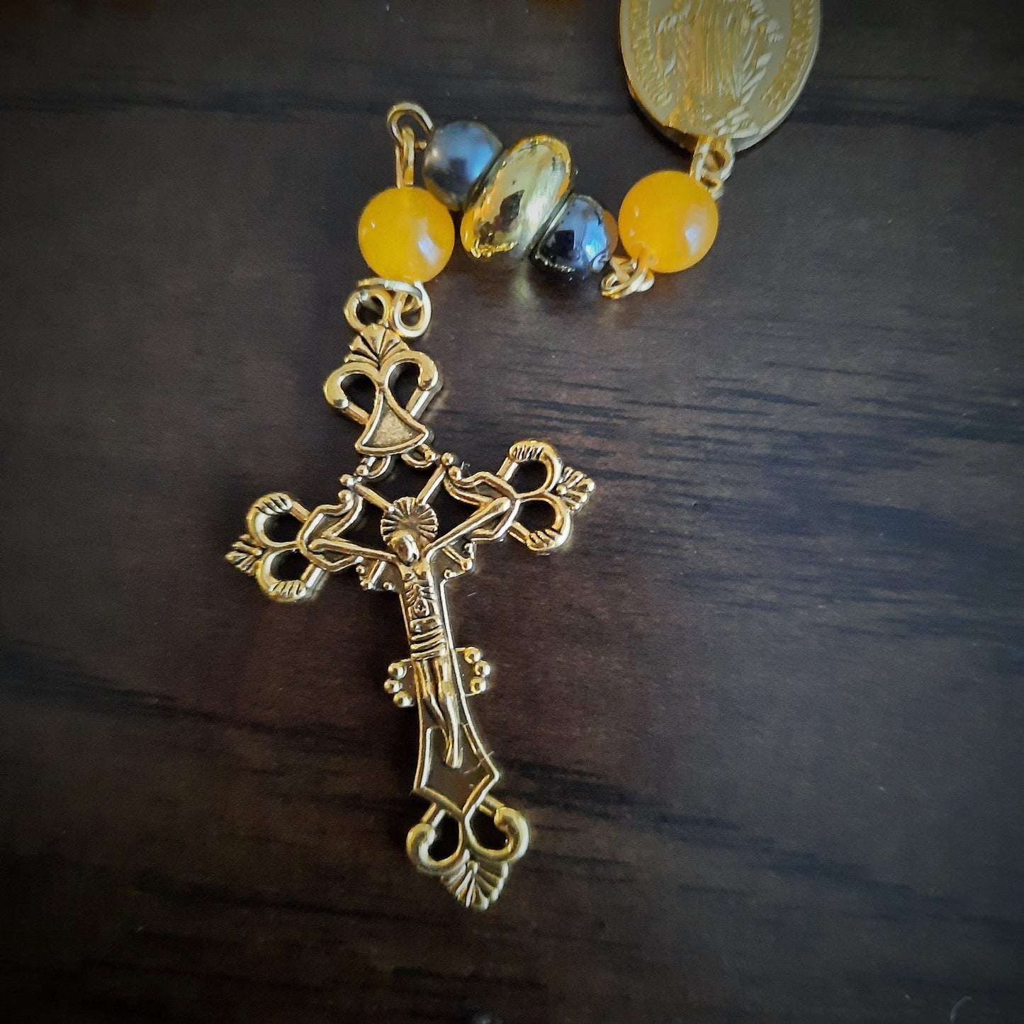 Yellow Jade Rosary Necklace with Gold Cross