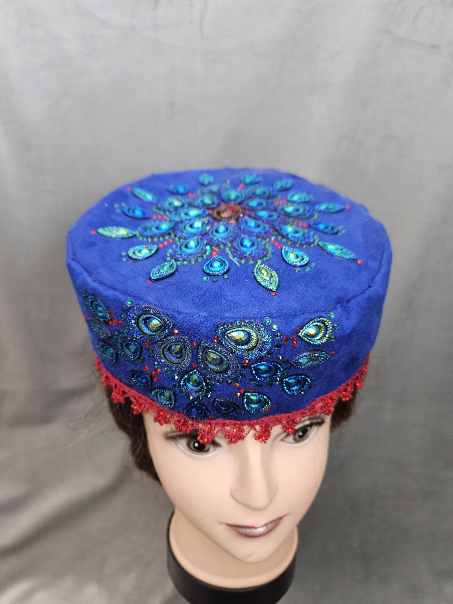 Rhinestone Peacock Feather Velvet Hat - Handmade