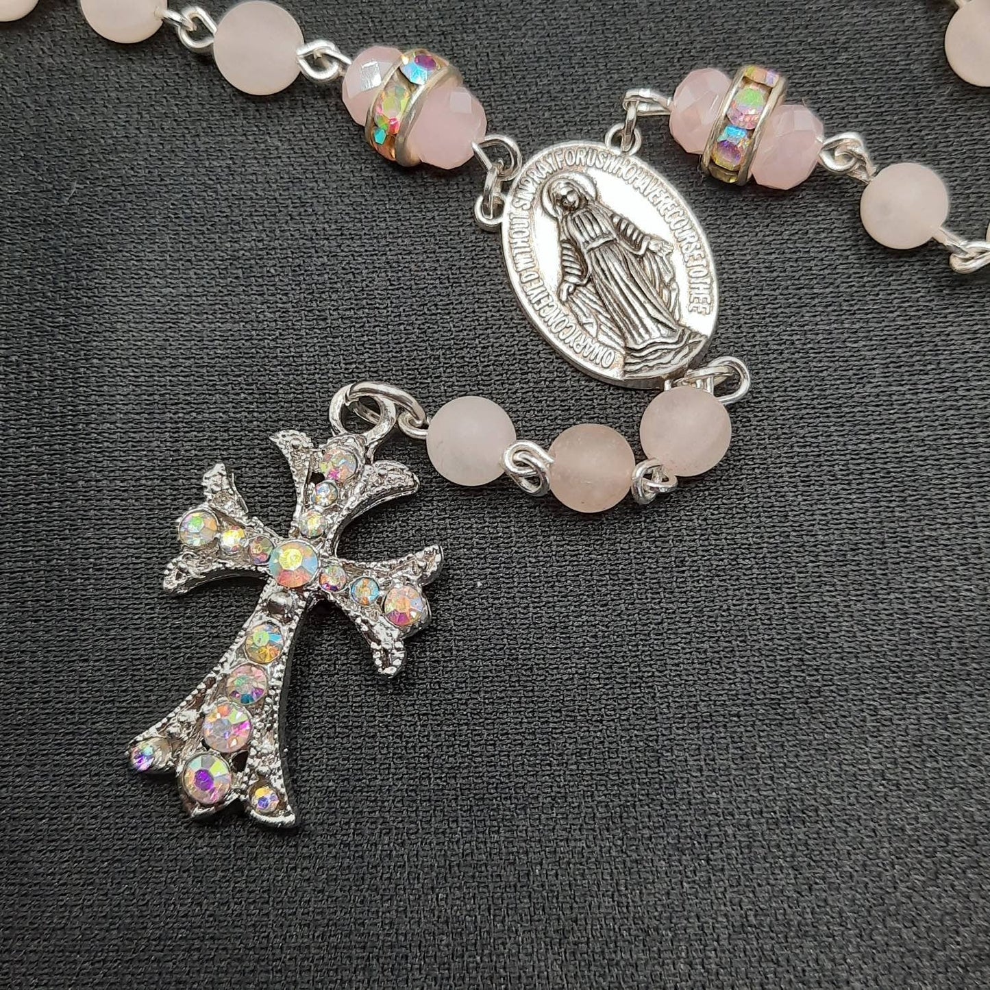 Rose Quartz Rosary Necklace with Crystal Cross