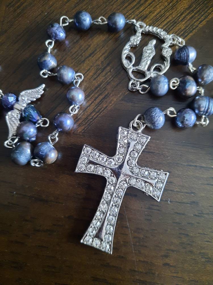 Black Pearl Rosary Necklace with Crystal Angels