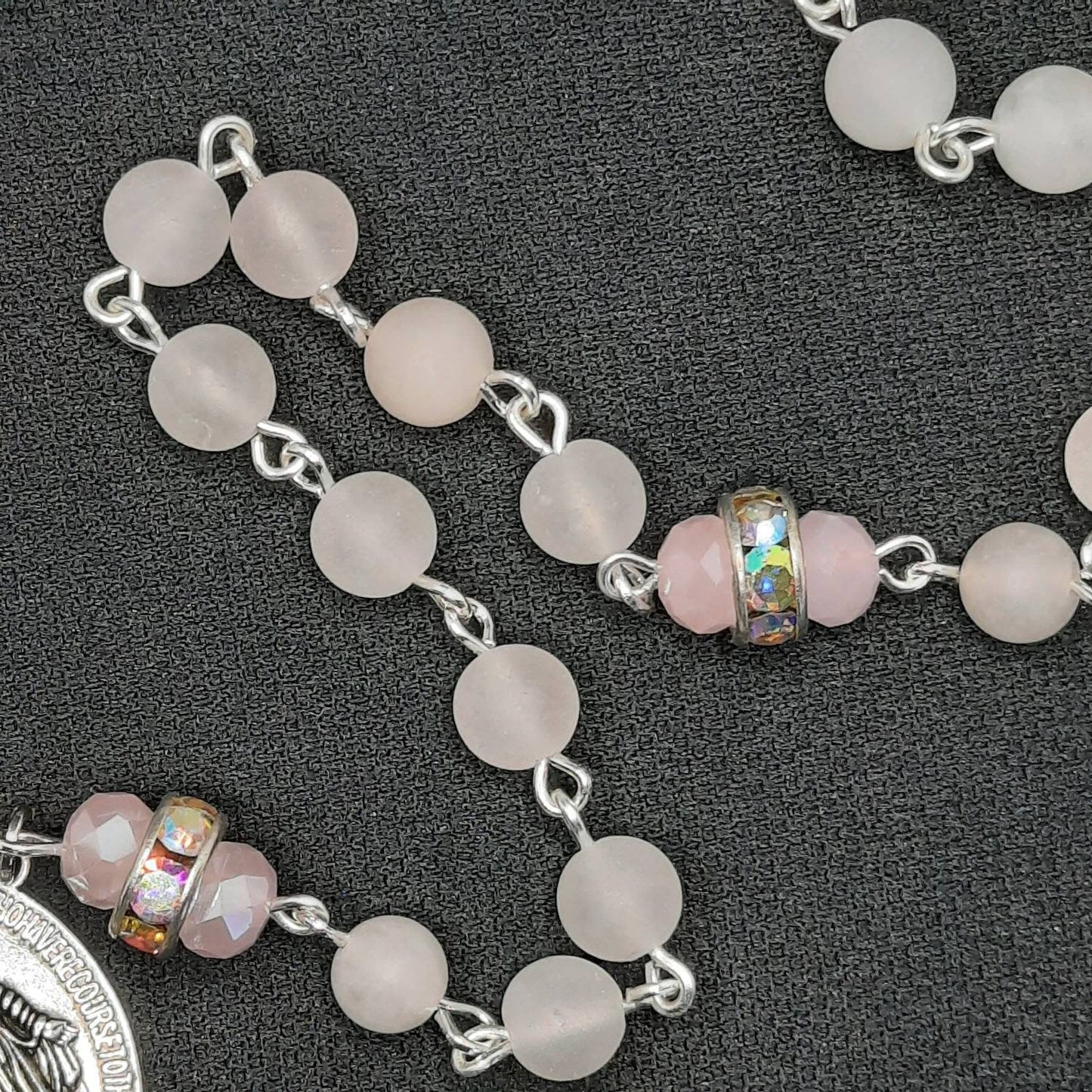 Rose Quartz Rosary Necklace with Crystal Cross