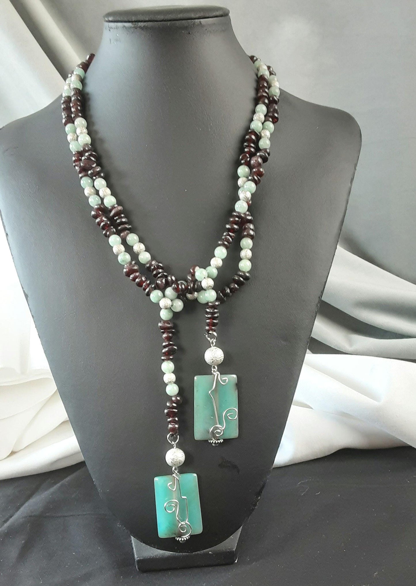 Garnet & Jade Statement Necklace with Agate Pendants