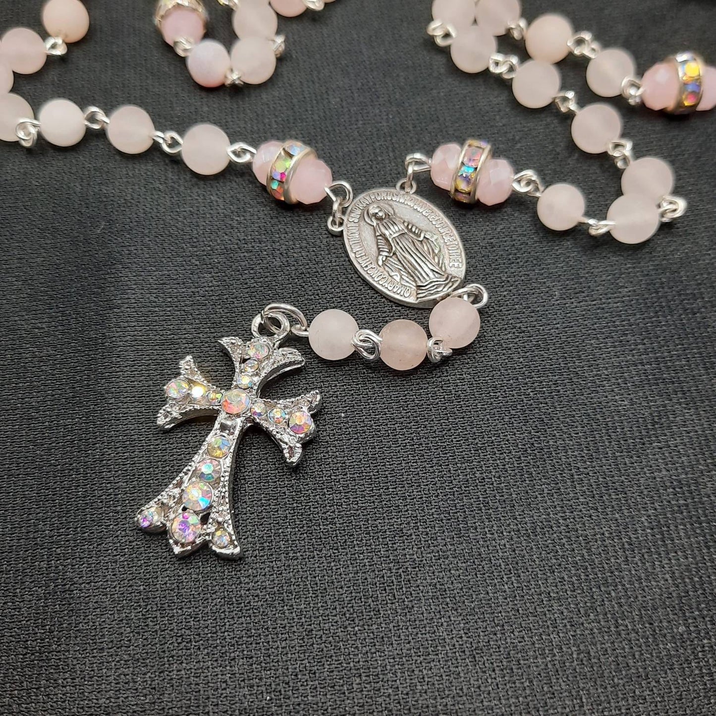 Rose Quartz Rosary Necklace with Crystal Cross