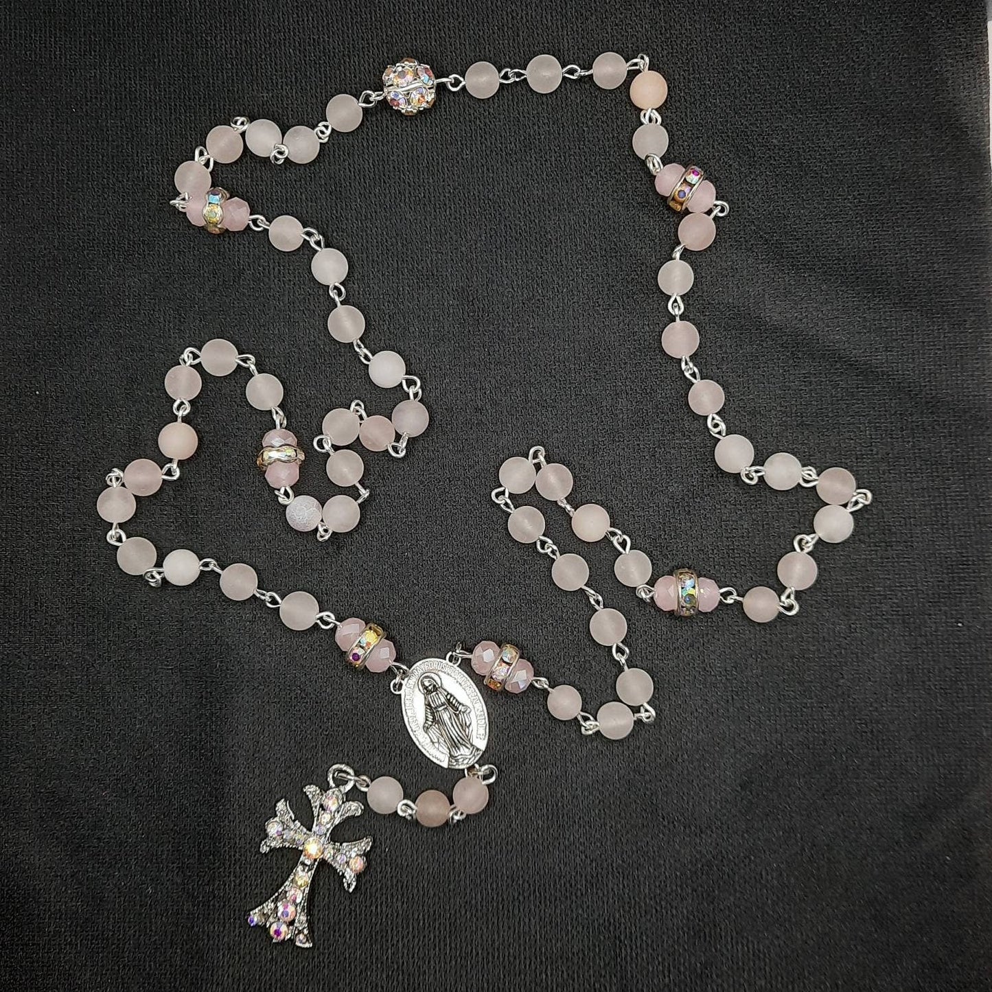 Rose Quartz Rosary Necklace with Crystal Cross