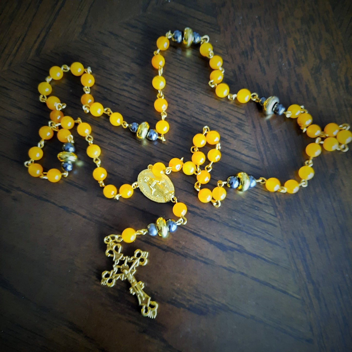 Yellow Jade Rosary Necklace with Gold Cross