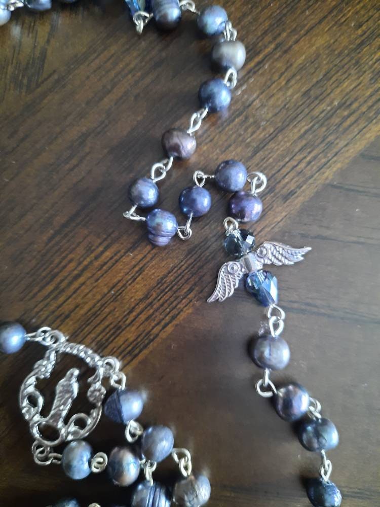 Black Pearl Rosary Necklace with Crystal Angels