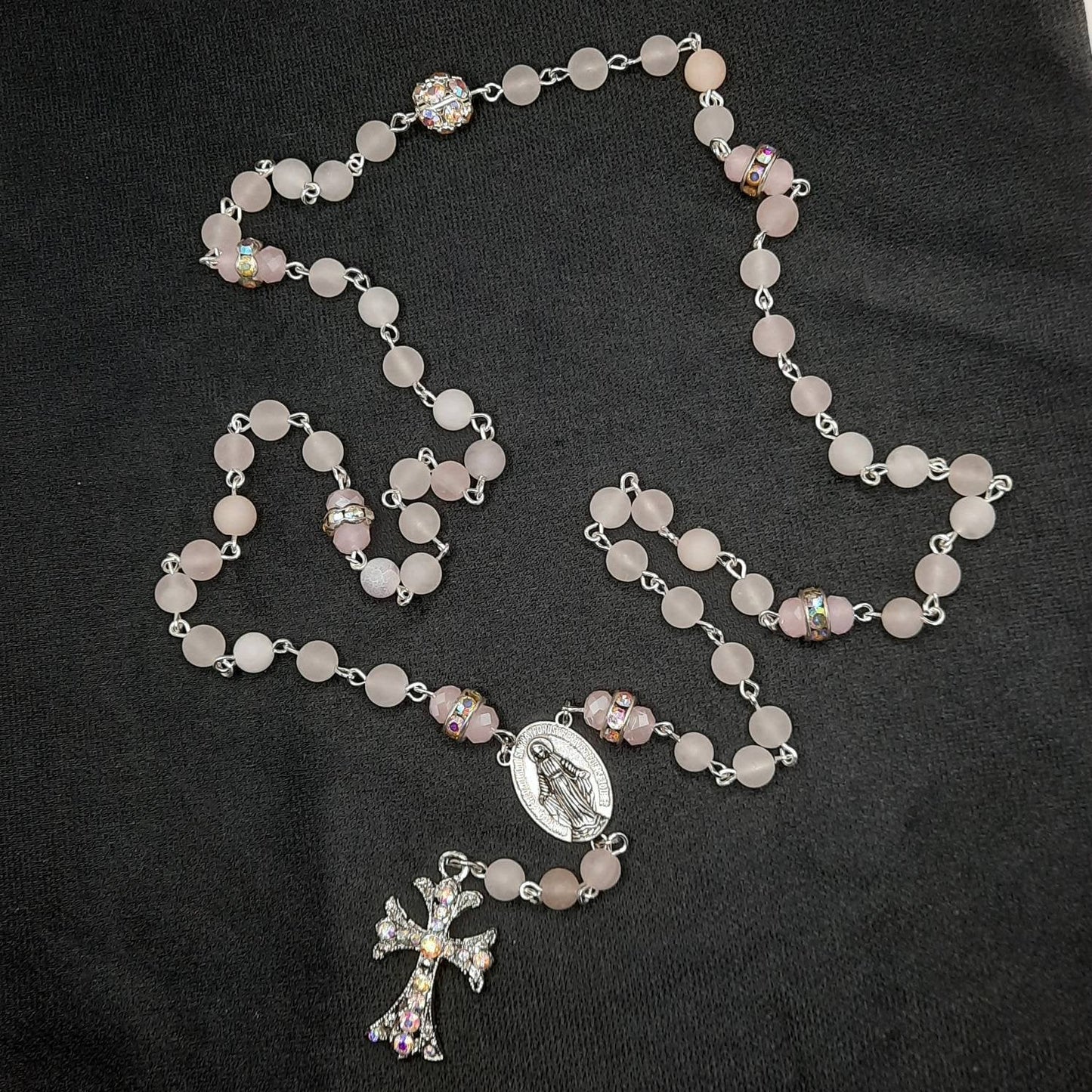 Rose Quartz Rosary Necklace with Crystal Cross