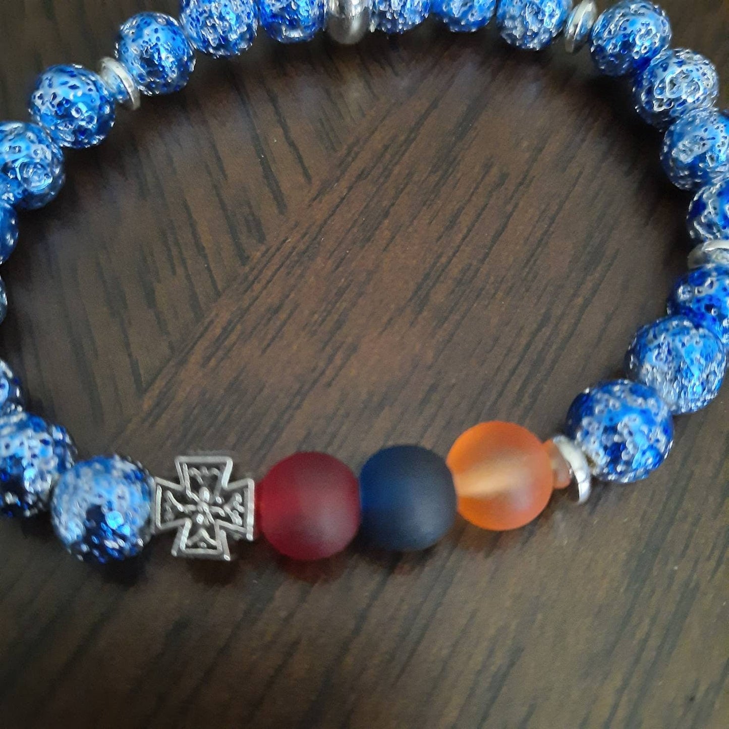 Armenian Flag Lava Stone Cross Bracelet