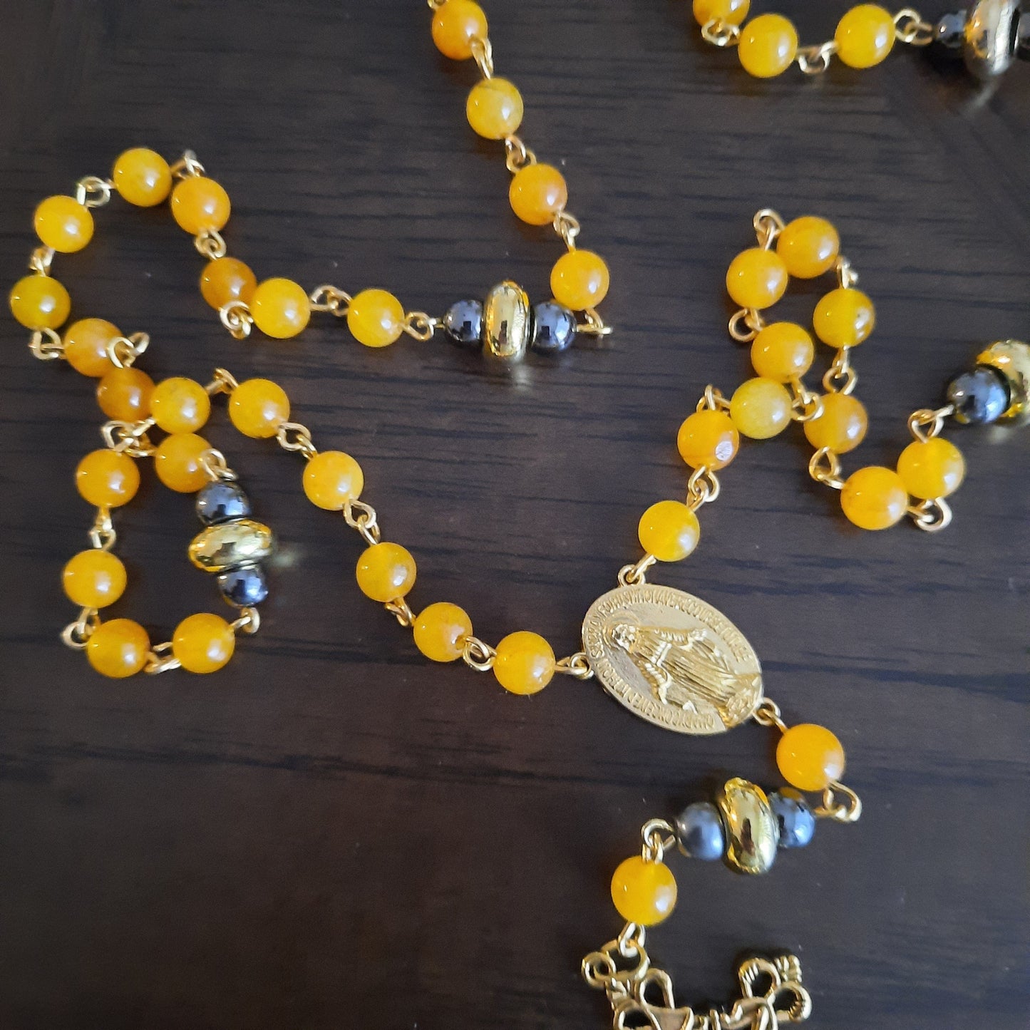 Yellow Jade Rosary Necklace with Gold Cross