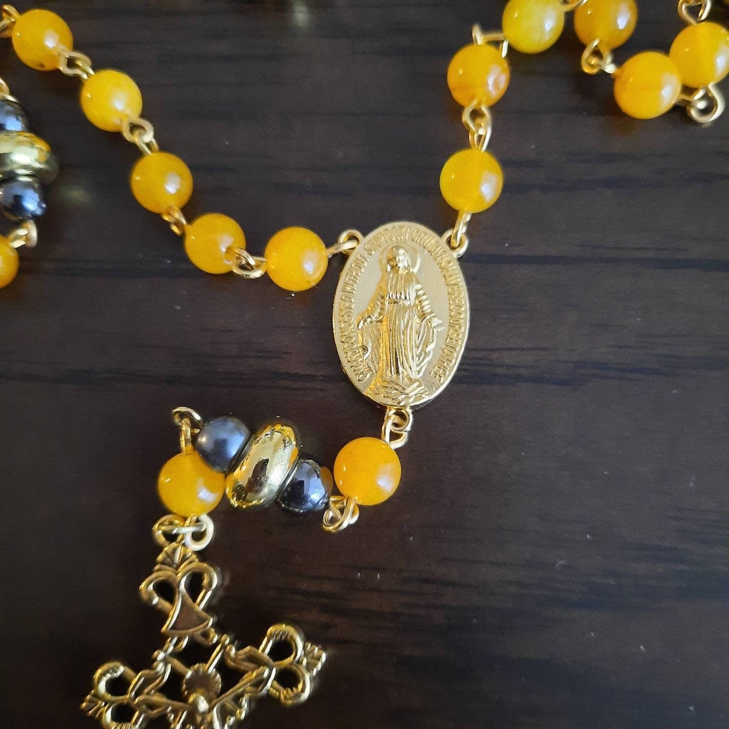 Yellow Jade Rosary Necklace with Gold Cross