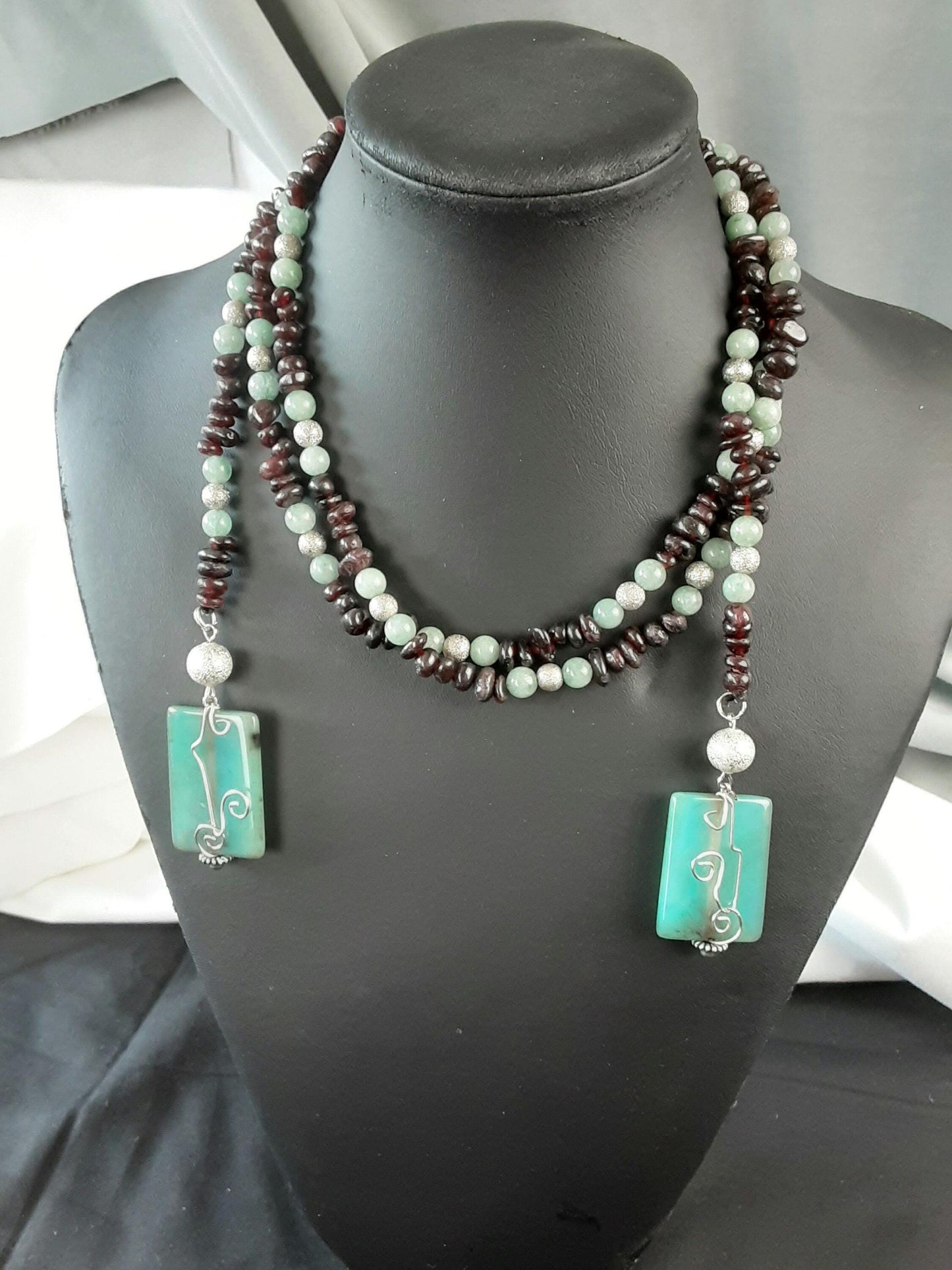 Garnet & Jade Statement Necklace with Agate Pendants