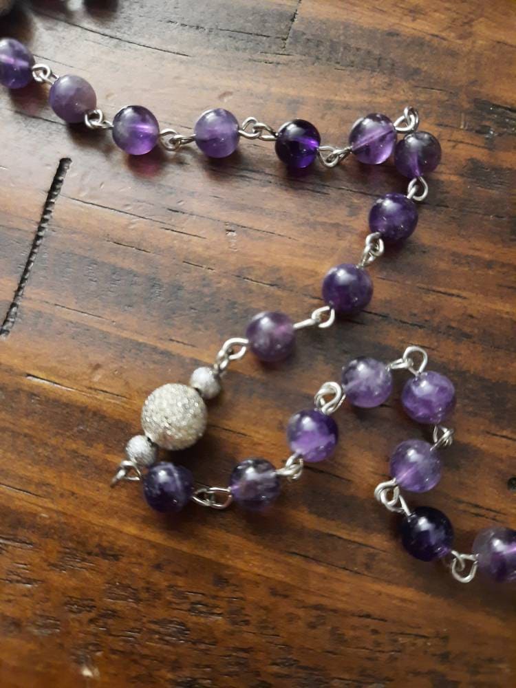 Amethyst Rosary: Gemstone Beads, Rhinestone Cross