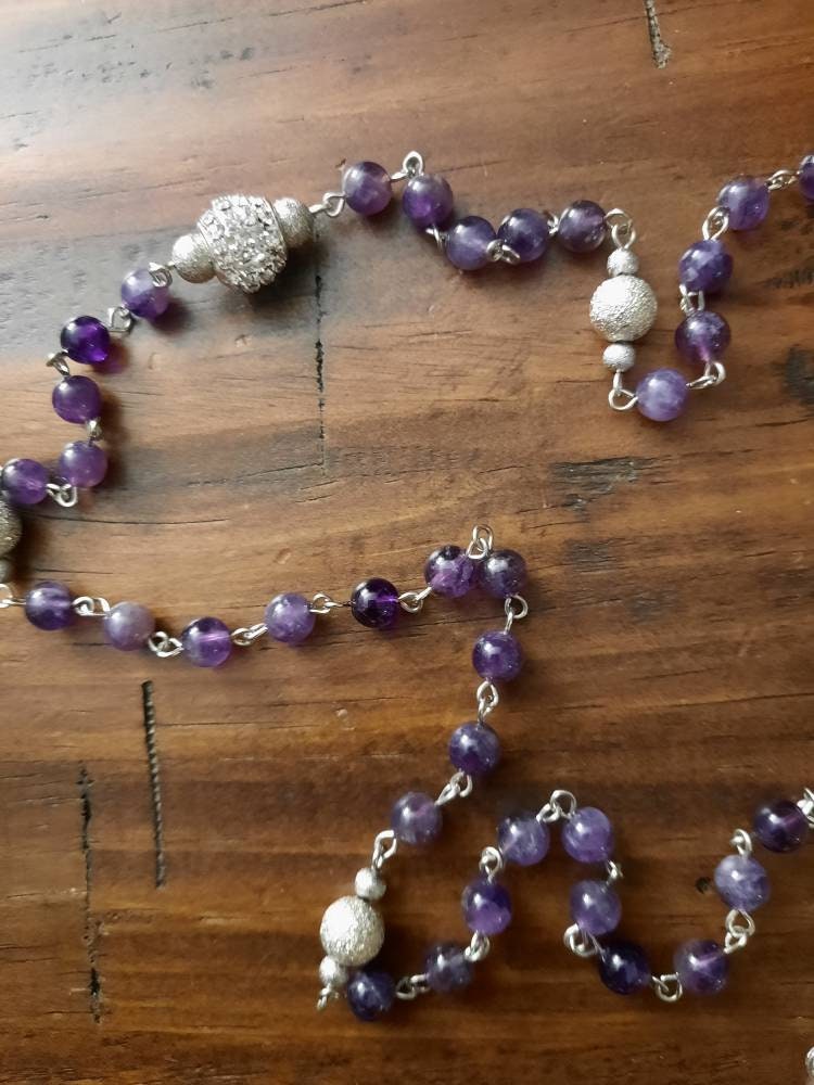 Amethyst Rosary: Gemstone Beads, Rhinestone Cross