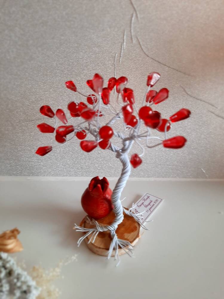 Pomegranate Tree of Life Sculpture – Handmade Beaded Decor