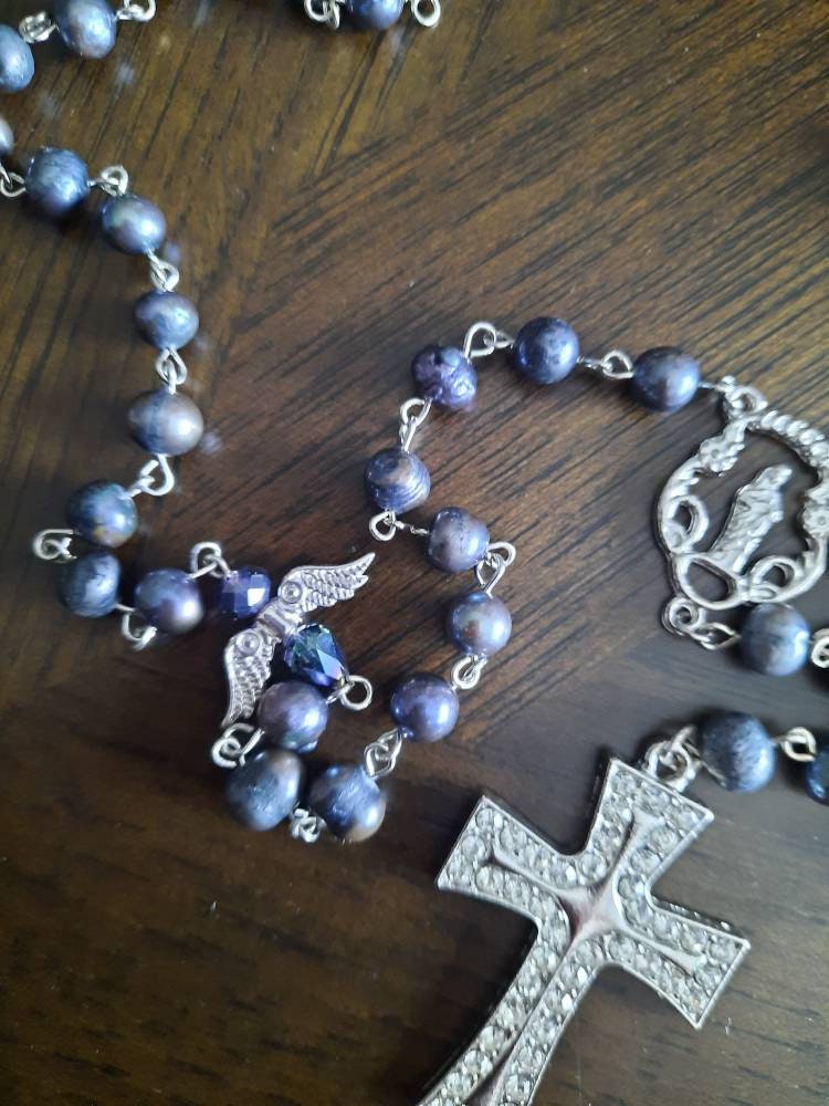 Black Pearl Rosary Necklace with Crystal Angels