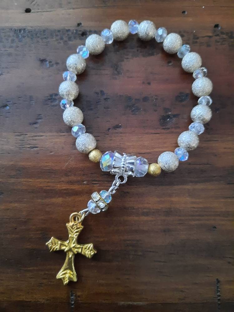 Baby's First Rosary  Bracelet Baptism Silver and Crystals