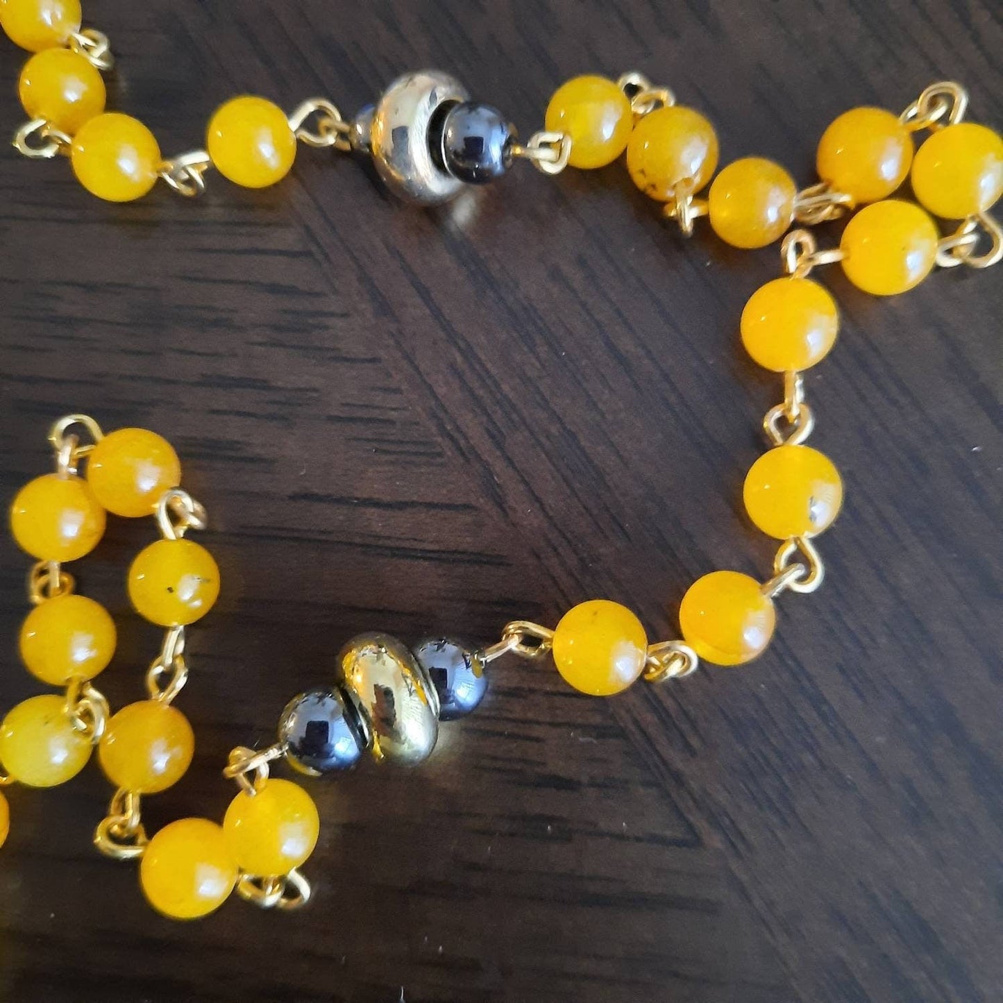 Yellow Jade Rosary Necklace with Gold Cross