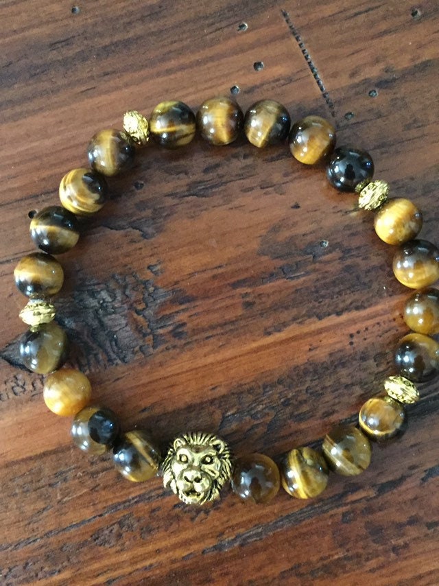 Lion Head Tiger Eye Gem Men’s Bracelet