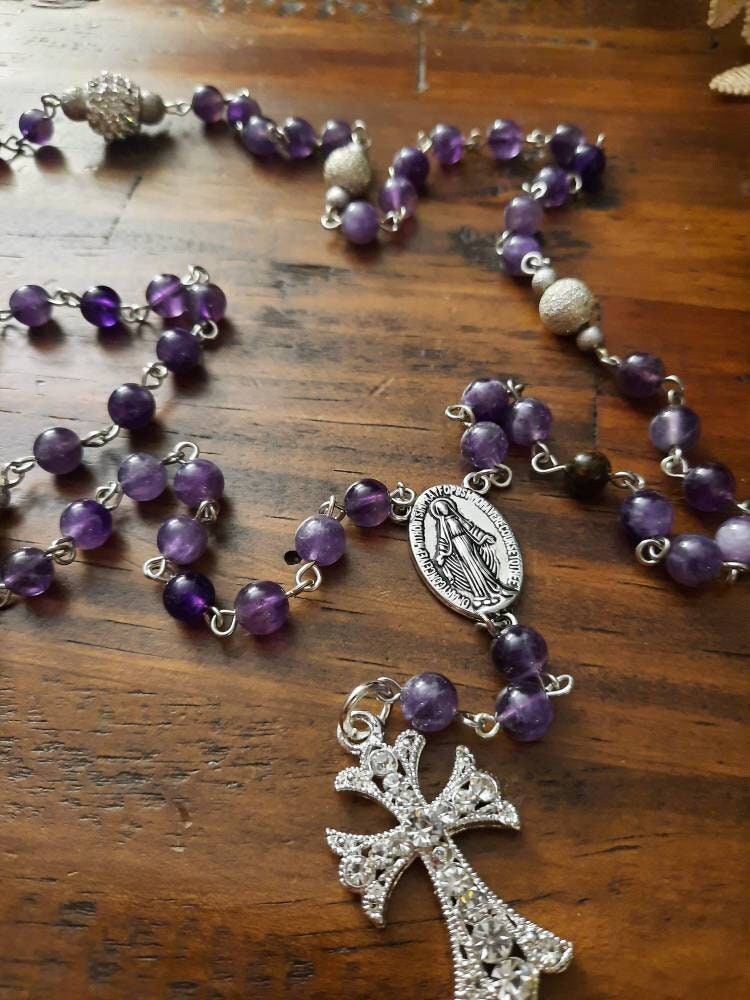 Amethyst Rosary: Gemstone Beads, Rhinestone Cross