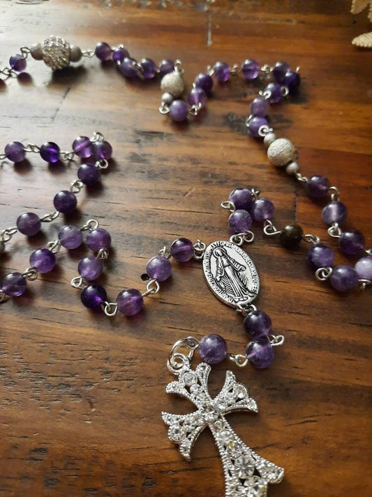 Amethyst Rosary: Gemstone Beads, Rhinestone Cross