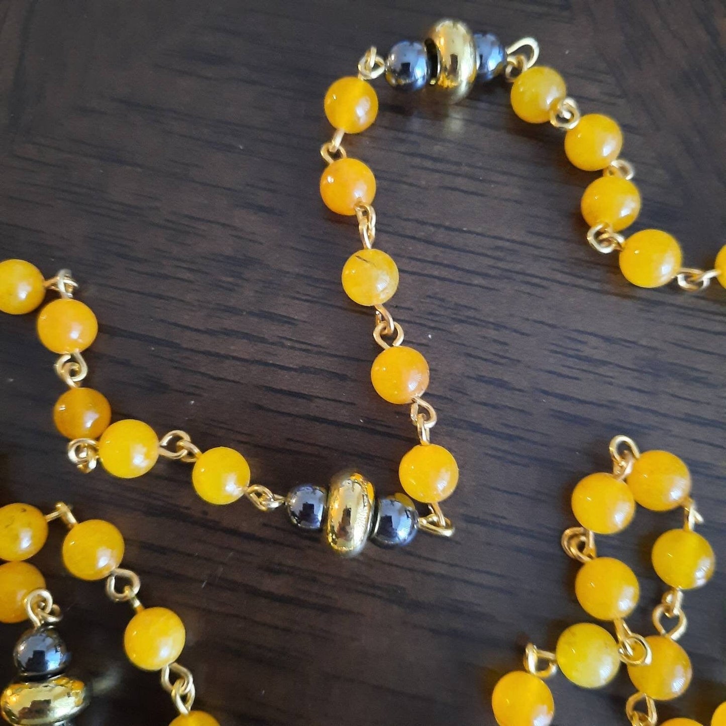 Yellow Jade Rosary Necklace with Gold Cross