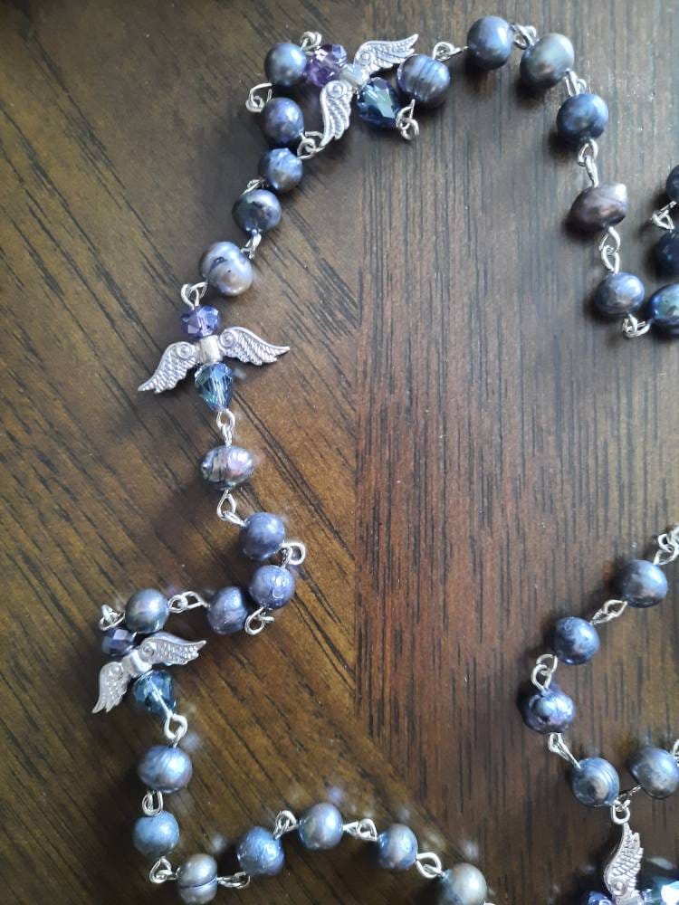 Black Pearl Rosary Necklace with Crystal Angels