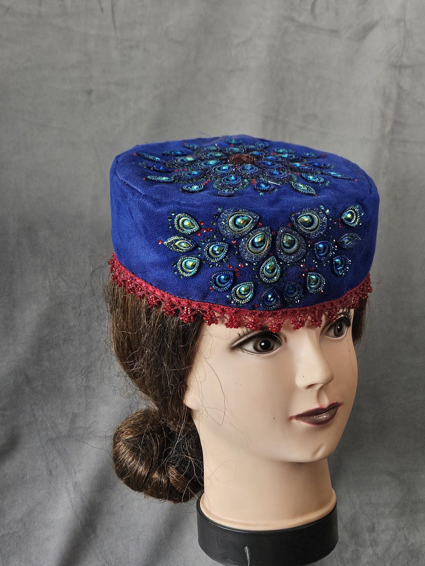 Rhinestone Peacock Feather Velvet Hat - Handmade