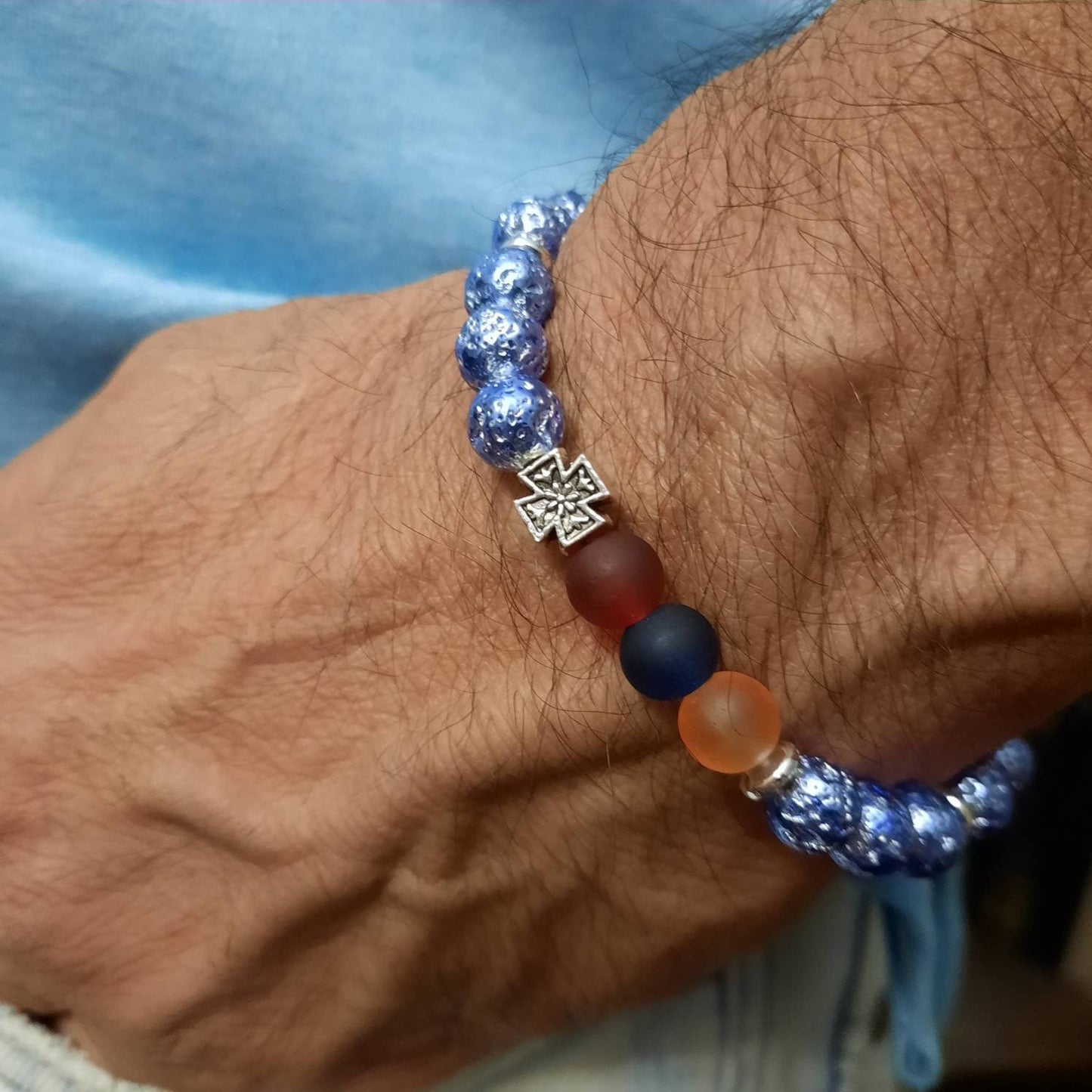 Armenian Flag Lava Stone Cross Bracelet