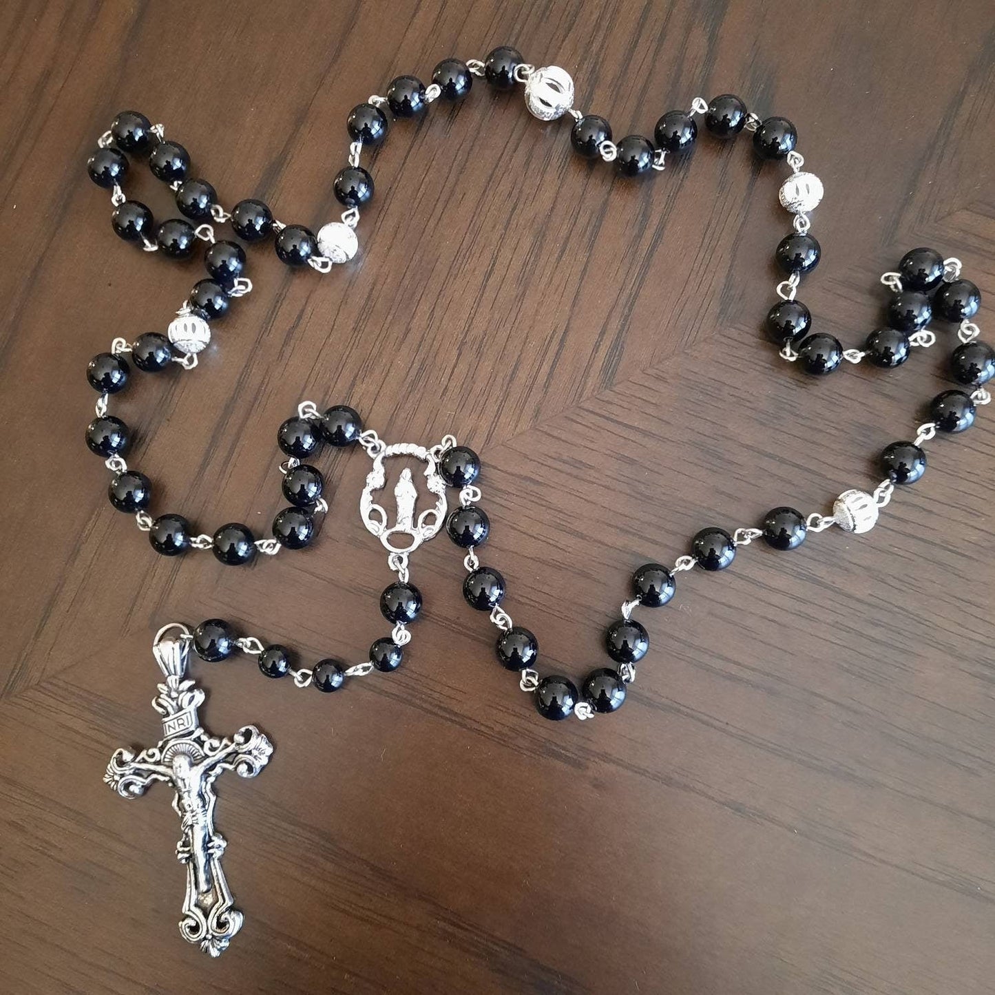 Onyx Gem Rosary With Large Metal Cross