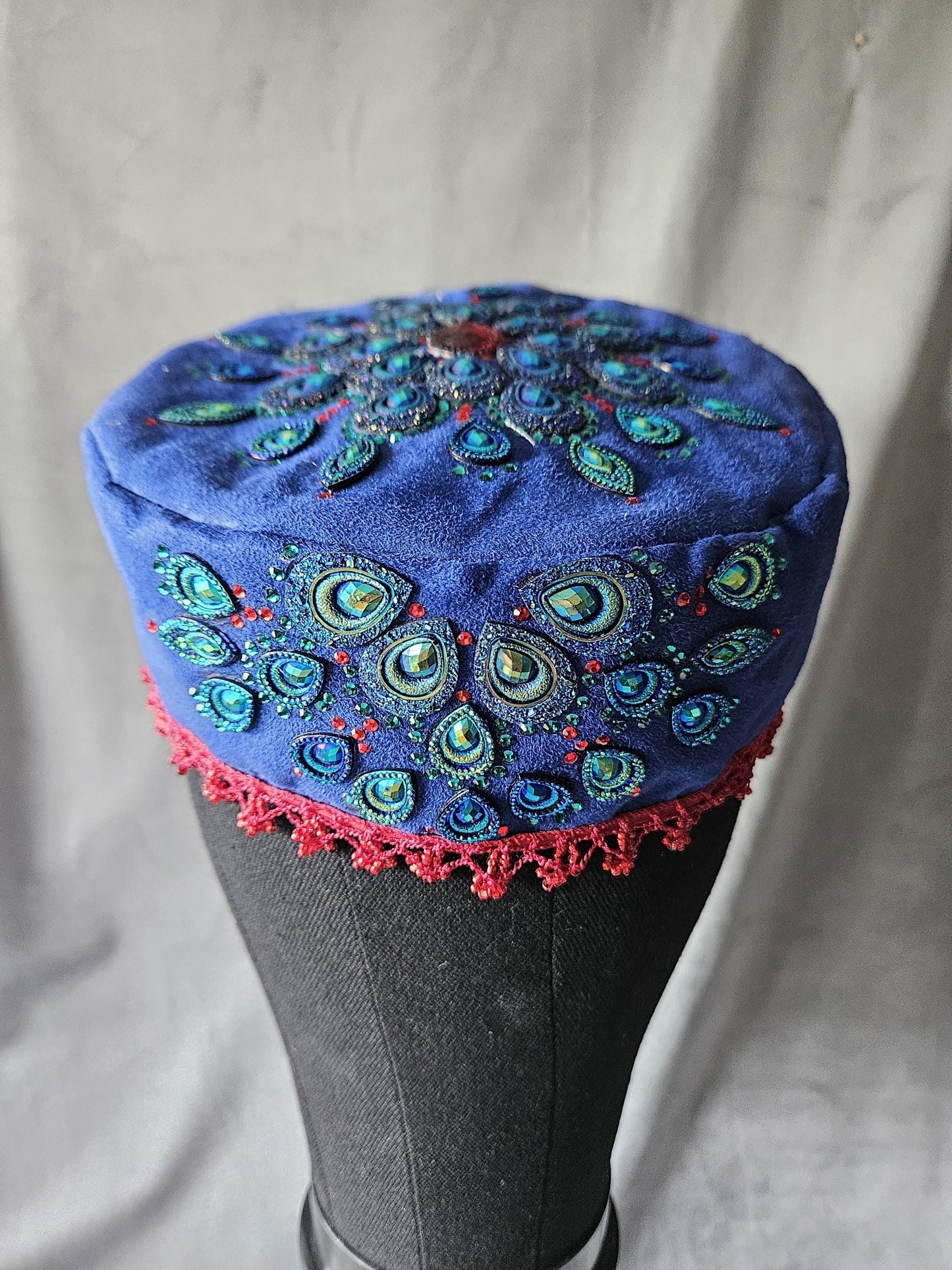 Rhinestone Peacock Feather Velvet Hat - Handmade